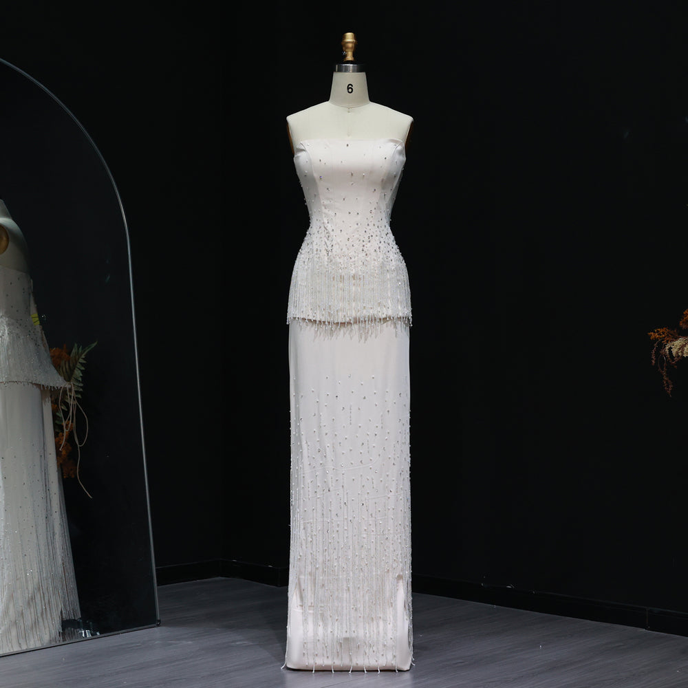 Glamorous Strapless White and Black Beaded Fringe Evening Dress SS425