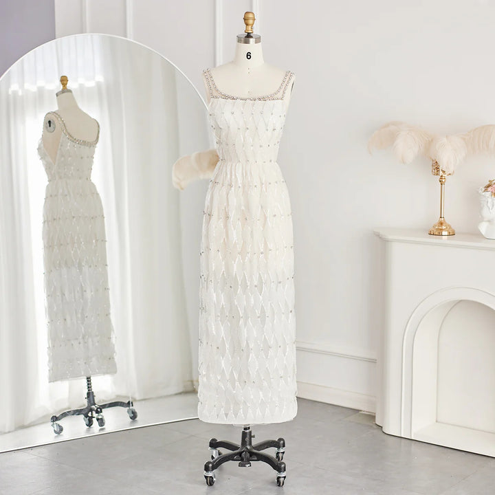 Elegant Crystal White Midi Square Neckline Dubai Evening Dress SS058