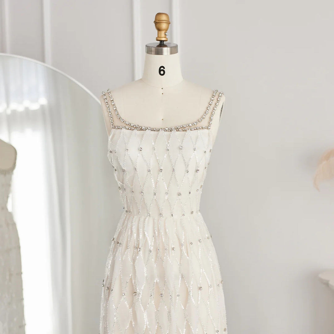 Elegant Crystal White Midi Square Neckline Dubai Evening Dress SS058