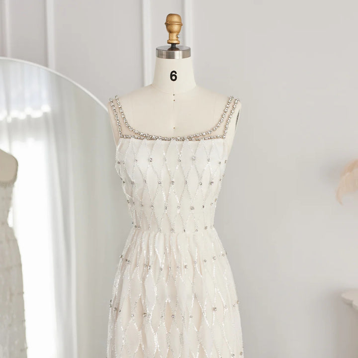 Elegant Crystal White Midi Square Neckline Dubai Evening Dress SS058