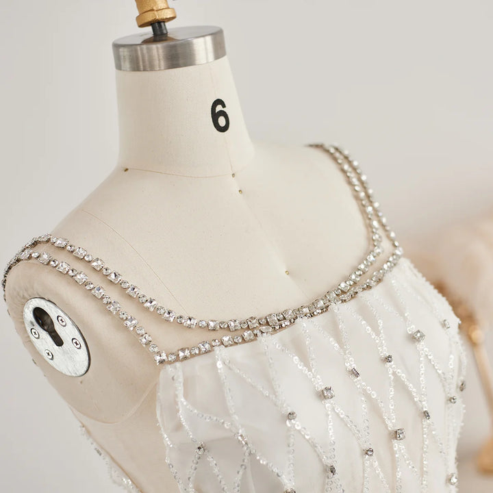 Elegant Crystal White Midi Square Neckline Dubai Evening Dress SS058