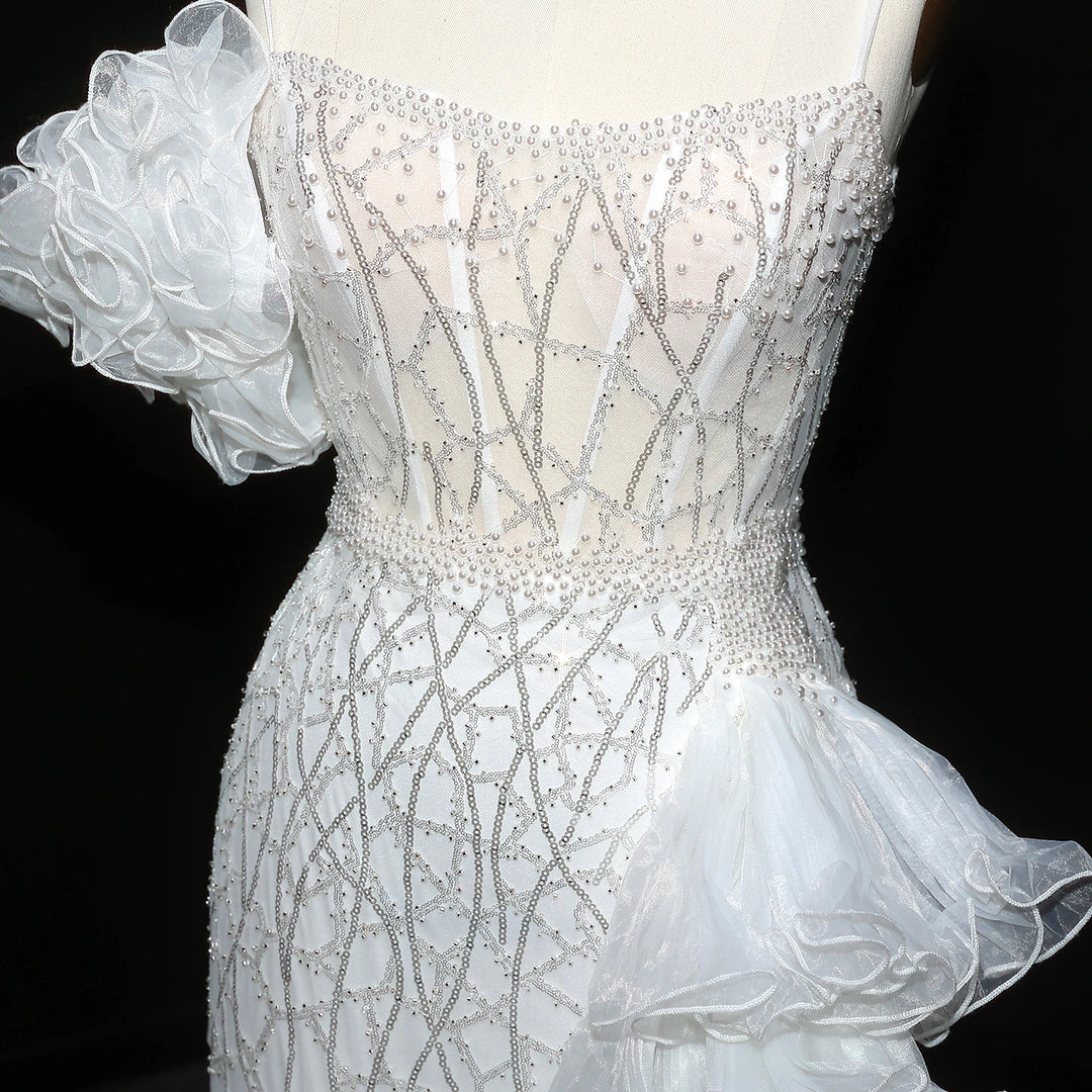 Elegant Gold Evening Dress with Tiered Ruffles SS046