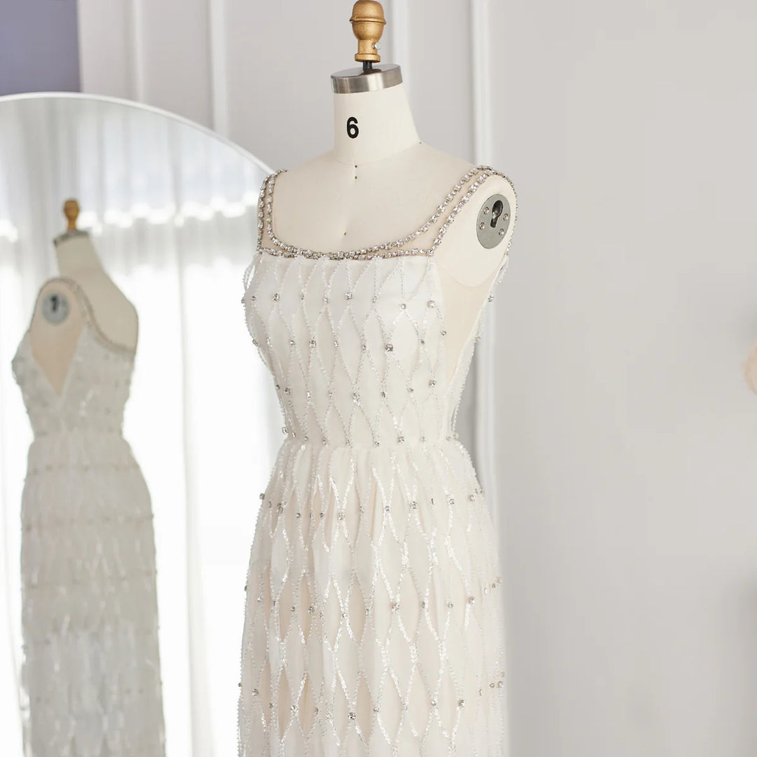 Elegant Crystal White Midi Square Neckline Dubai Evening Dress SS058