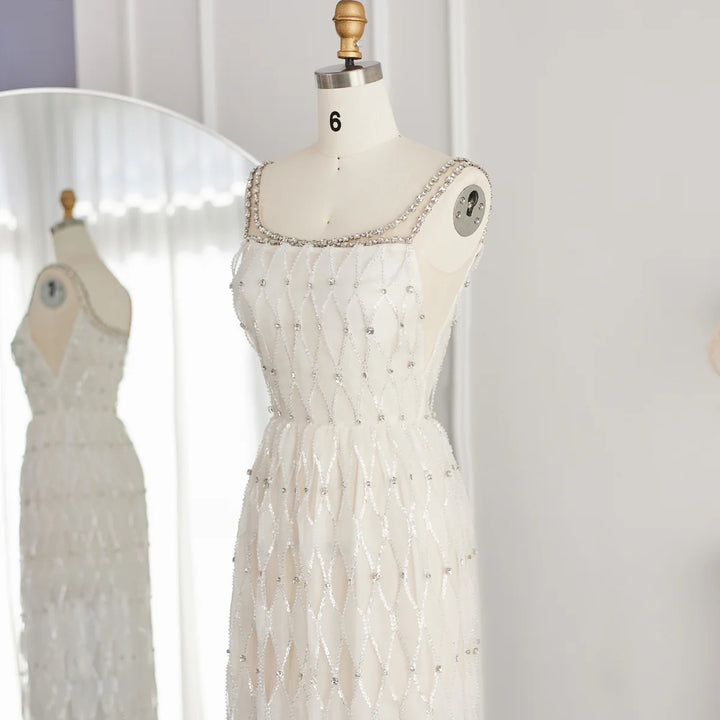 Elegant Crystal White Midi Square Neckline Dubai Evening Dress SS058