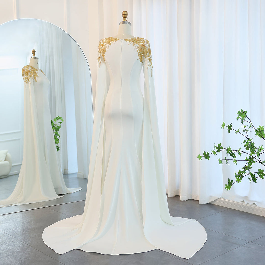 Luxury White Mermaid Gown with Flowing Cape Sleeves SF284