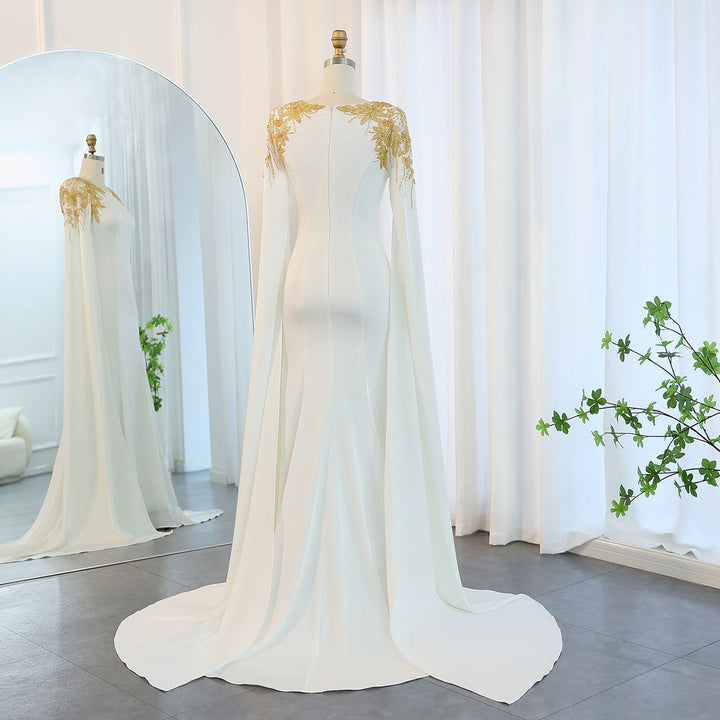 Luxury White Mermaid Gown with Flowing Cape Sleeves SF284