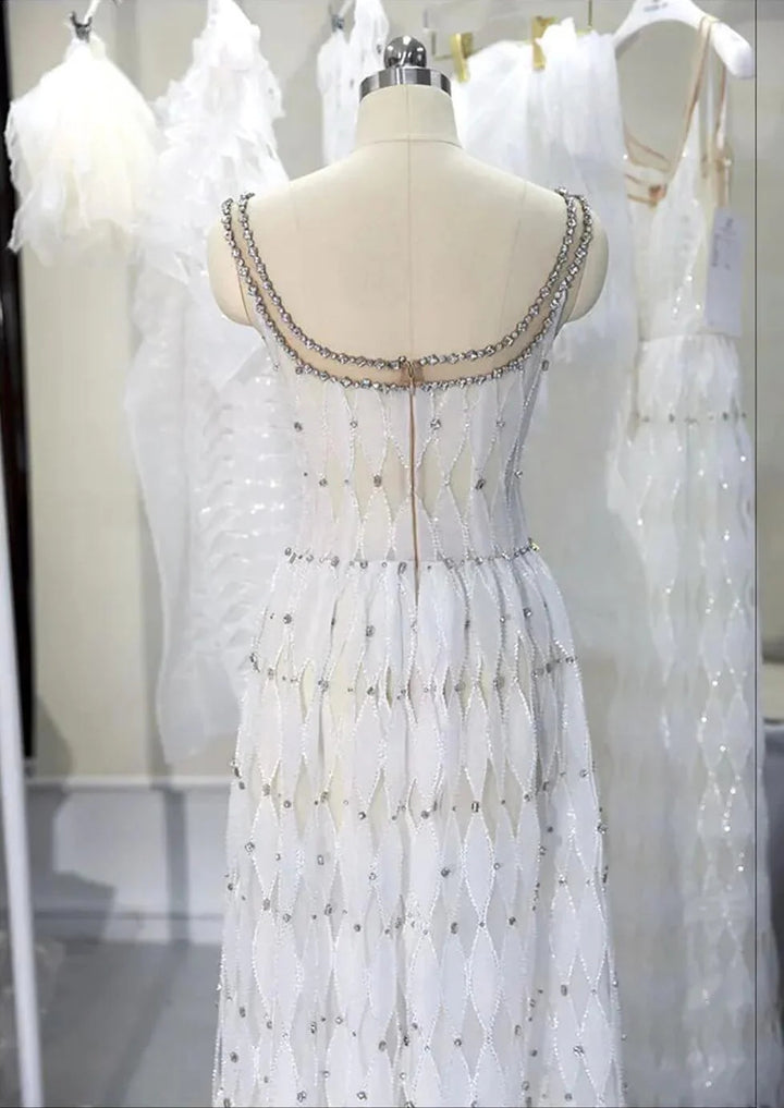 Elegant Crystal White Midi Square Neckline Dubai Evening Dress SS058