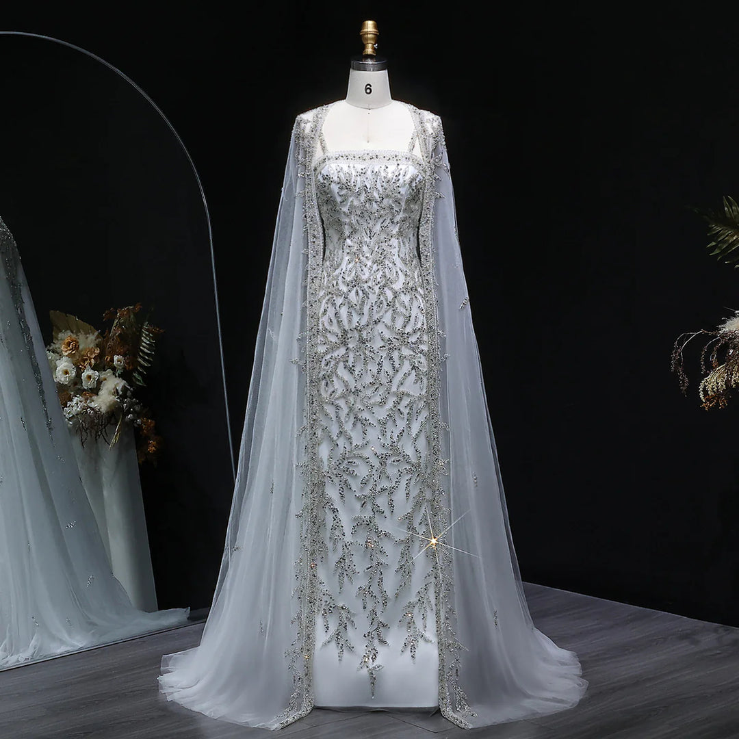 Luxury Beaded Evening Dress with Sheer Cape in Pink White SS393