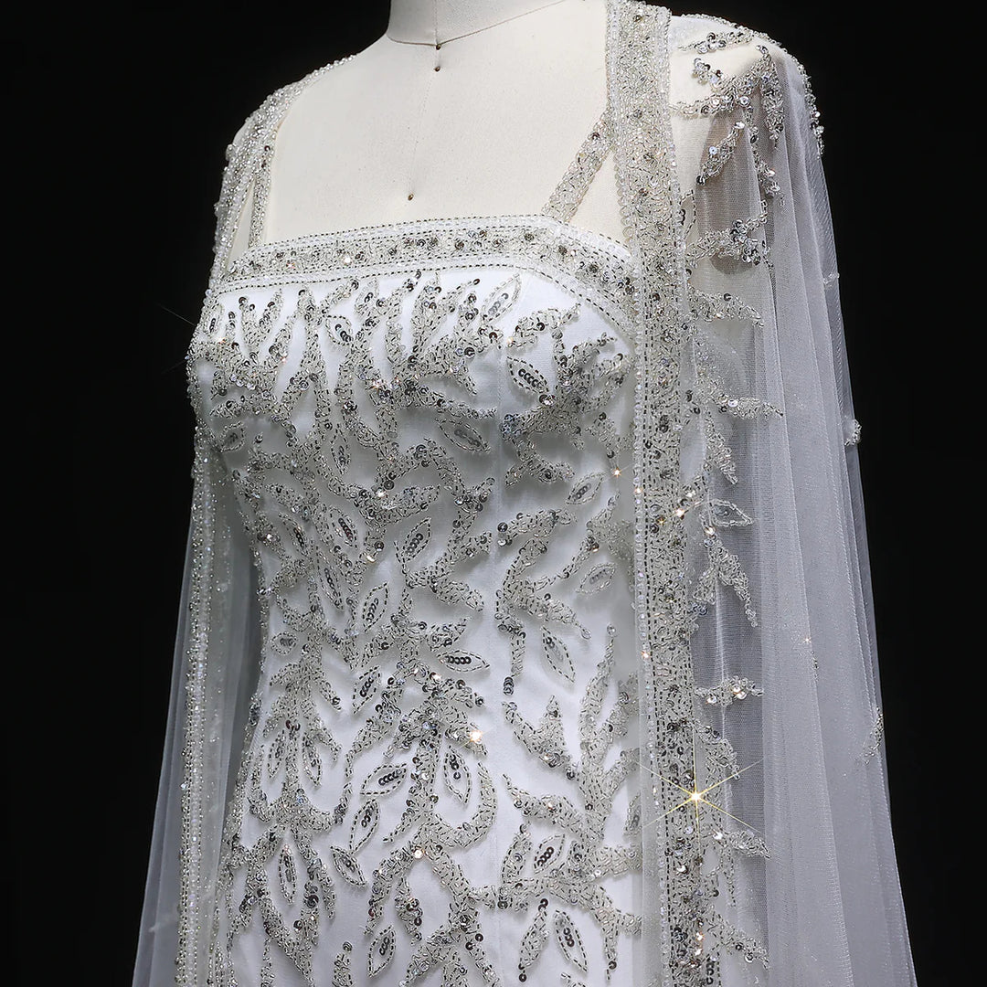 Luxury Beaded Evening Dress with Sheer Cape in Pink White SS393