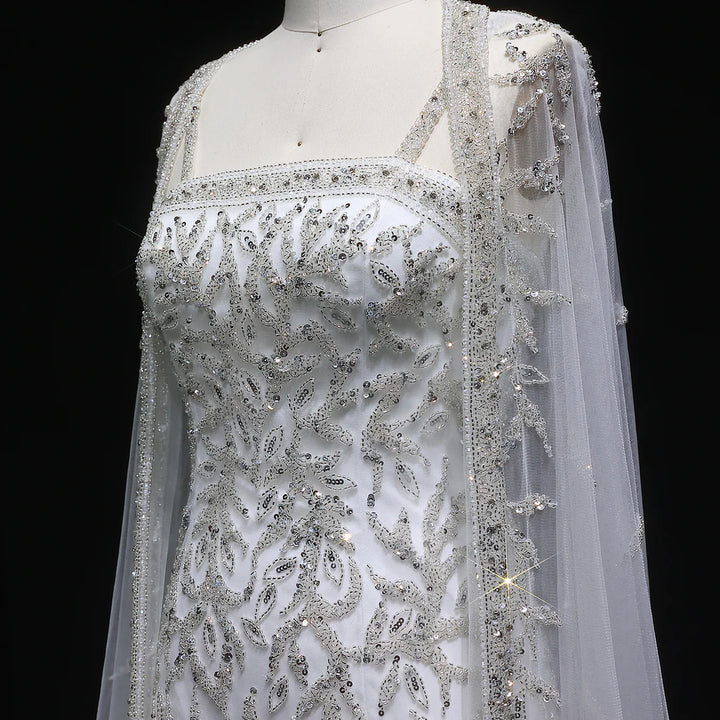 Luxury Beaded Evening Dress with Sheer Cape in Pink White SS393