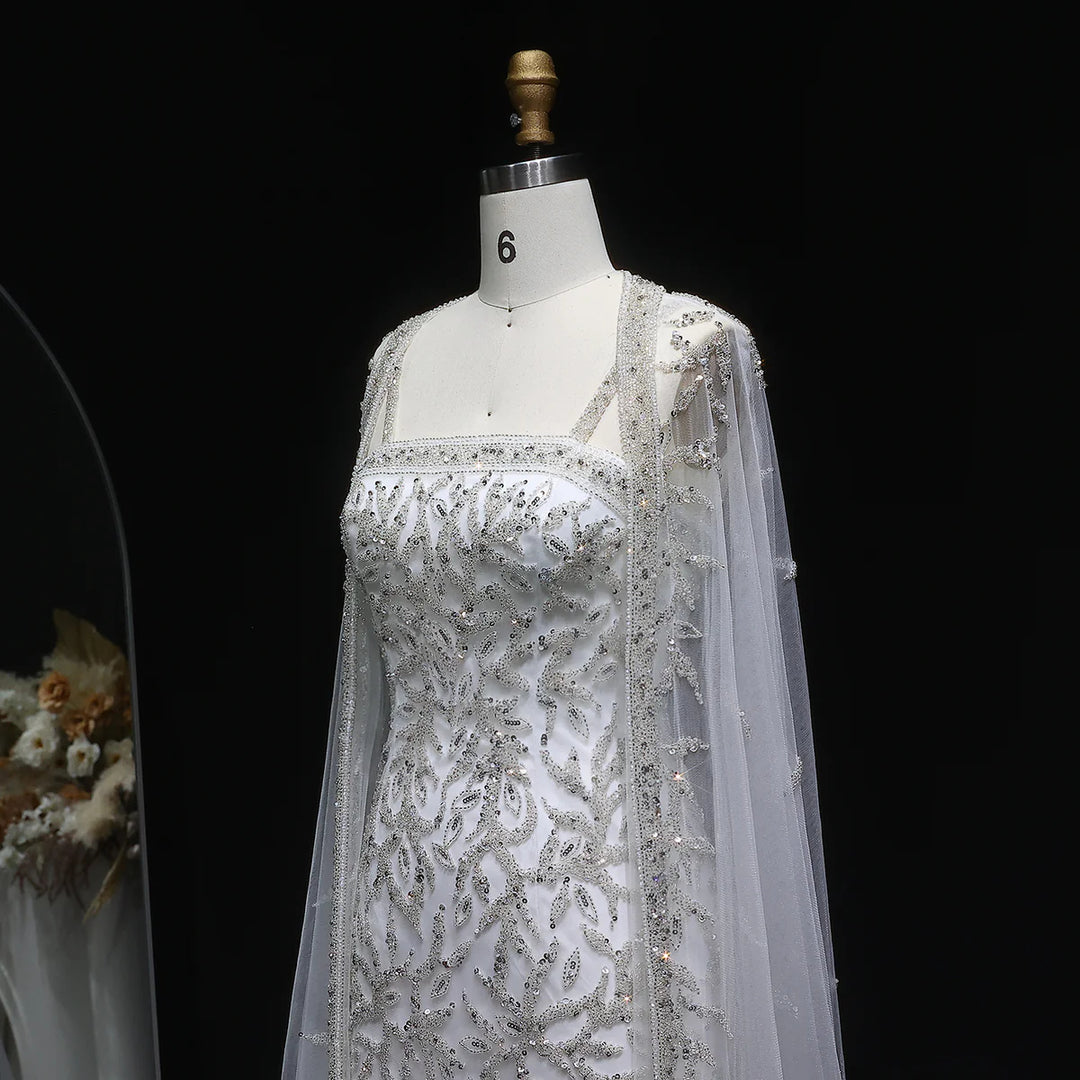 Luxury Beaded Evening Dress with Sheer Cape in Pink White SS393