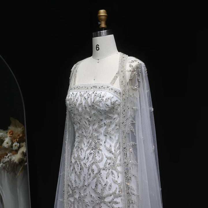 Luxury Beaded Evening Dress with Sheer Cape in Pink White SS393