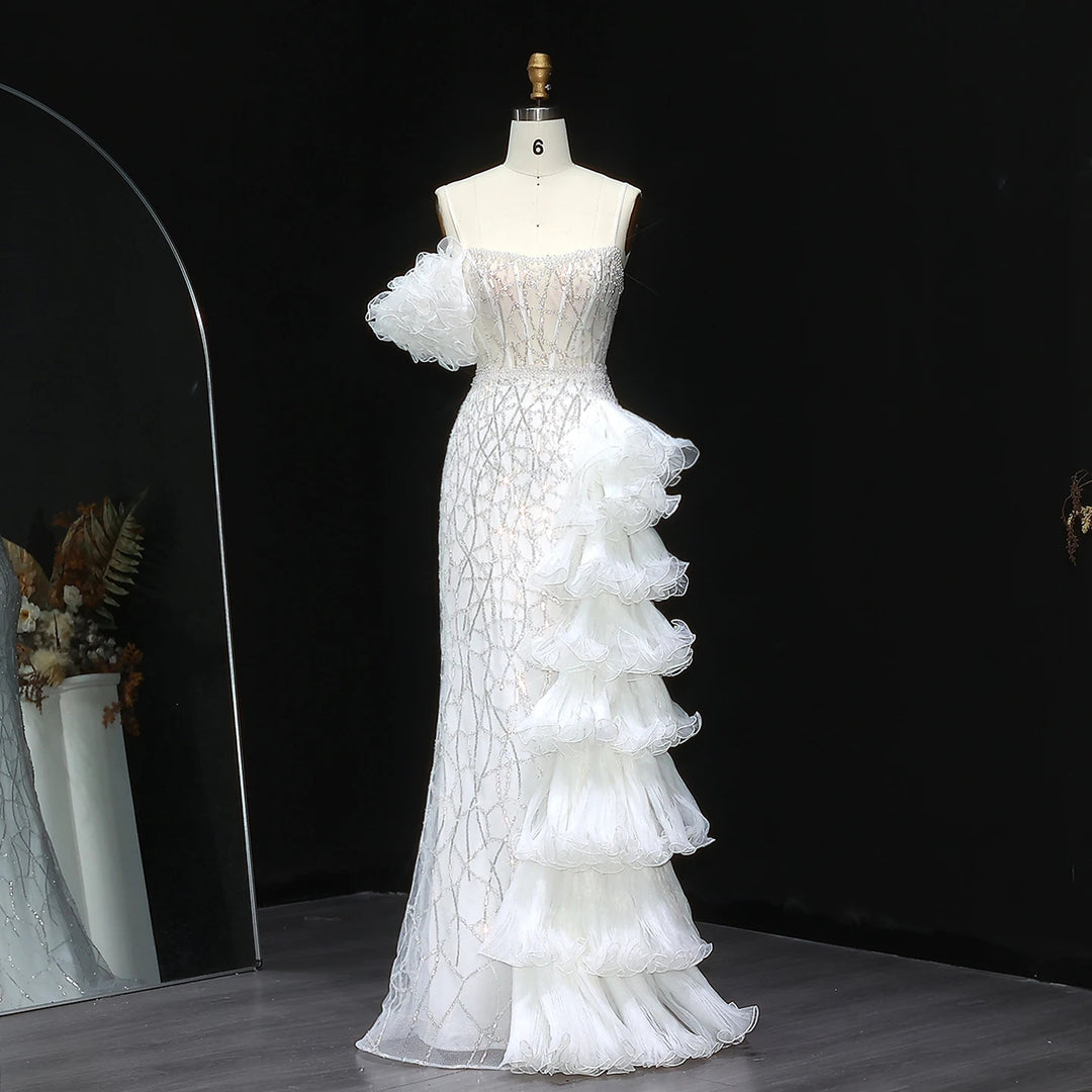 Elegant Gold Evening Dress with Tiered Ruffles SS046