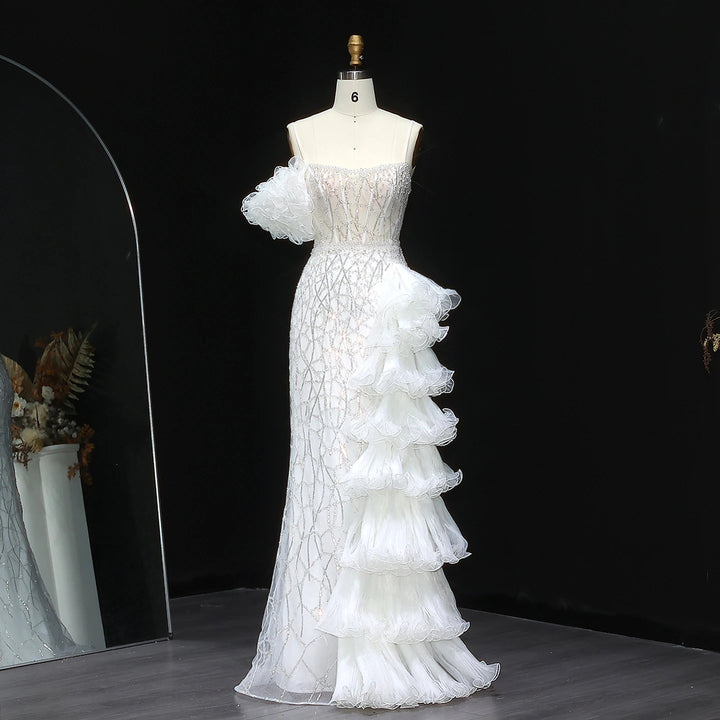 Elegant Gold Evening Dress with Tiered Ruffles SS046