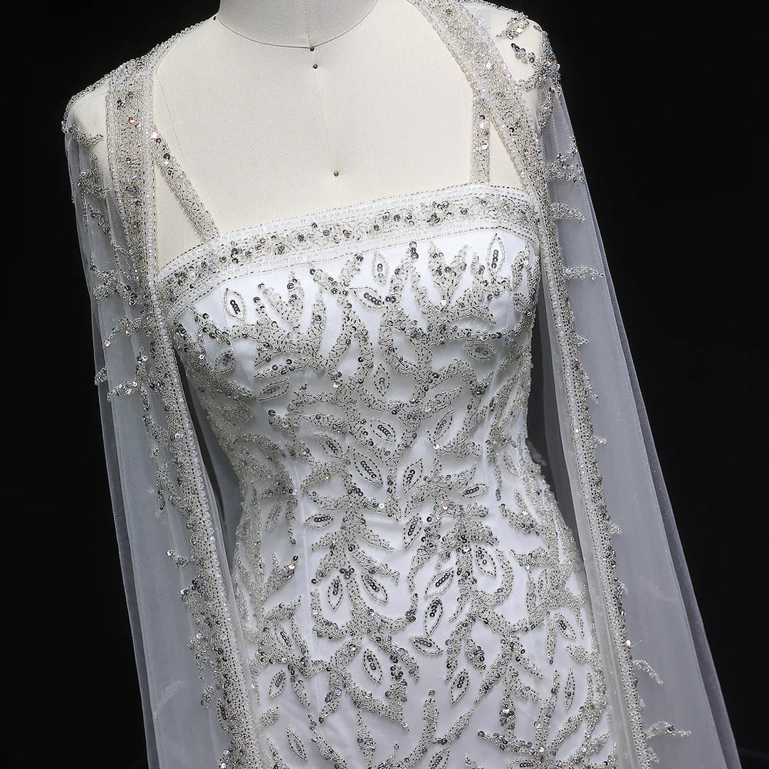 Luxury Beaded Evening Dress with Sheer Cape in Pink White SS393