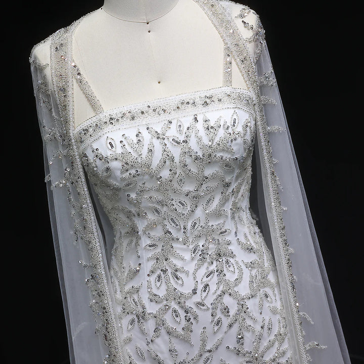 Luxury Beaded Evening Dress with Sheer Cape in Pink White SS393