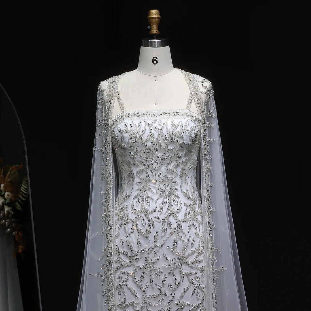 Luxury Beaded Evening Dress with Sheer Cape in Pink White SS393