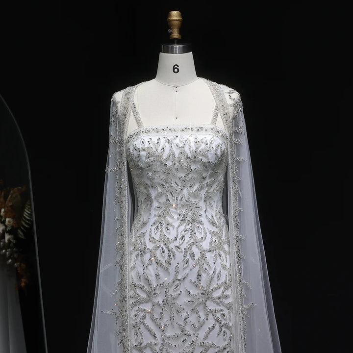 Luxury Beaded Evening Dress with Sheer Cape in Pink White SS393