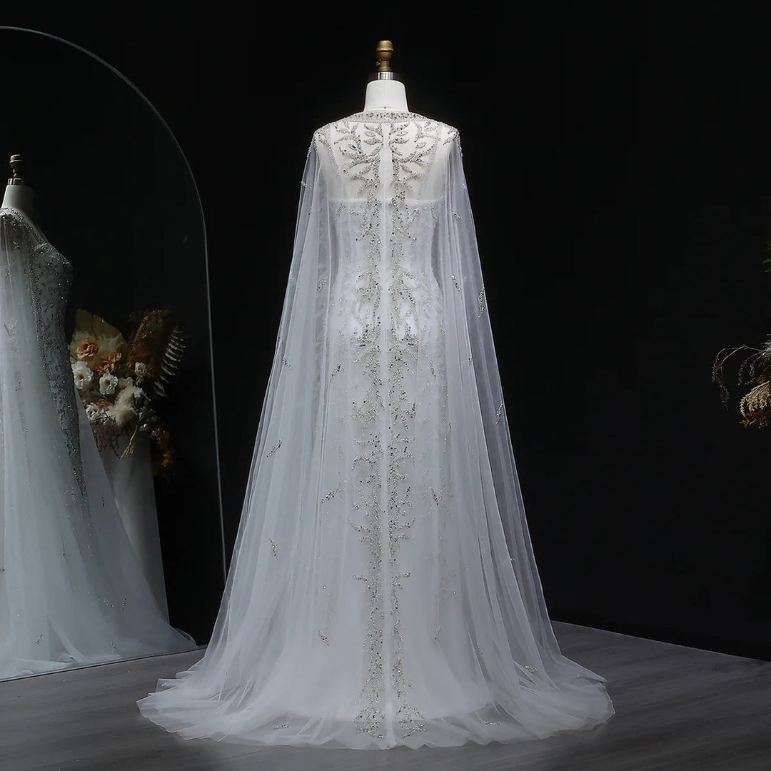 Luxury Beaded Evening Dress with Sheer Cape in Pink White SS393