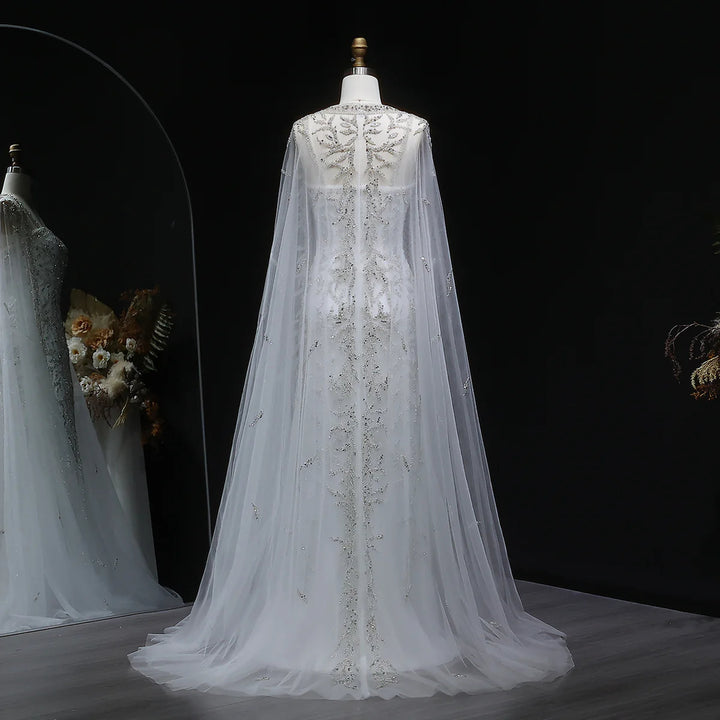 Luxury Beaded Evening Dress with Sheer Cape in Pink White SS393