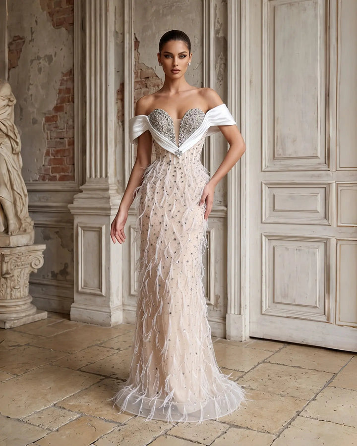 White Nude Off-Shoulder Beaded Feather-Trim Evening Gown SS640