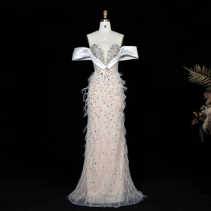 White Nude Off-Shoulder Beaded Feather-Trim Evening Gown SS640