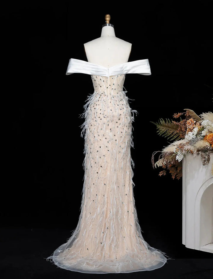 White Nude Off-Shoulder Beaded Feather-Trim Evening Gown SS640