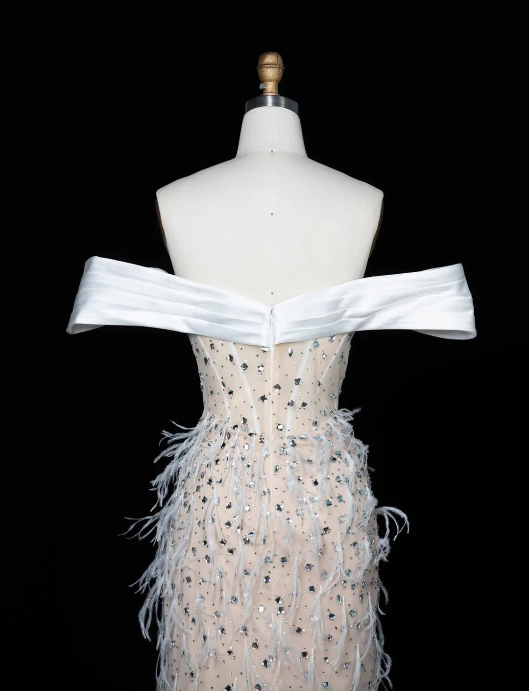 White Nude Off-Shoulder Beaded Feather-Trim Evening Gown SS640
