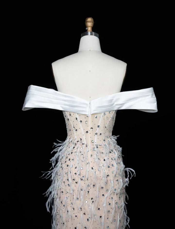 White Nude Off-Shoulder Beaded Feather-Trim Evening Gown SS640