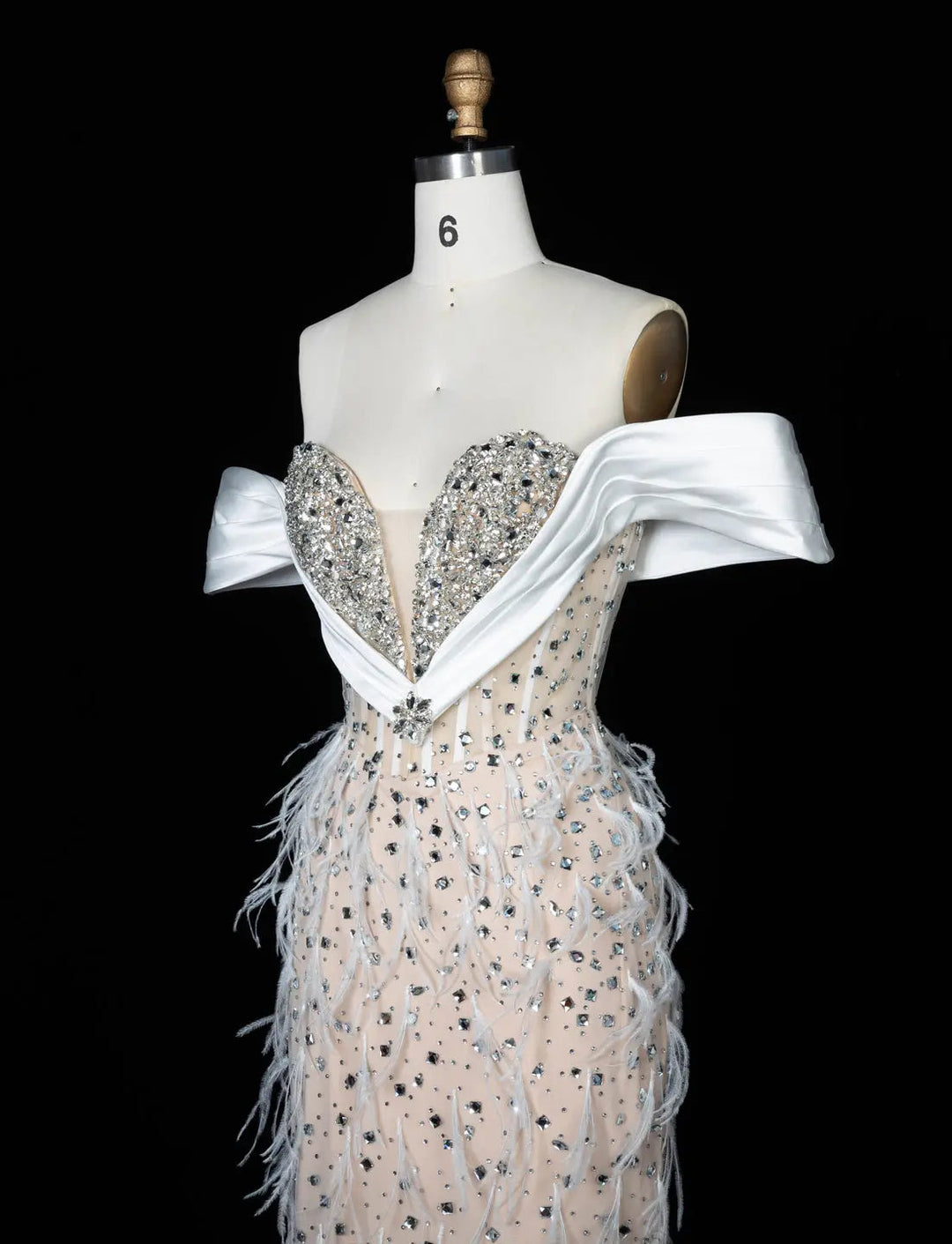 White Nude Off-Shoulder Beaded Feather-Trim Evening Gown SS640