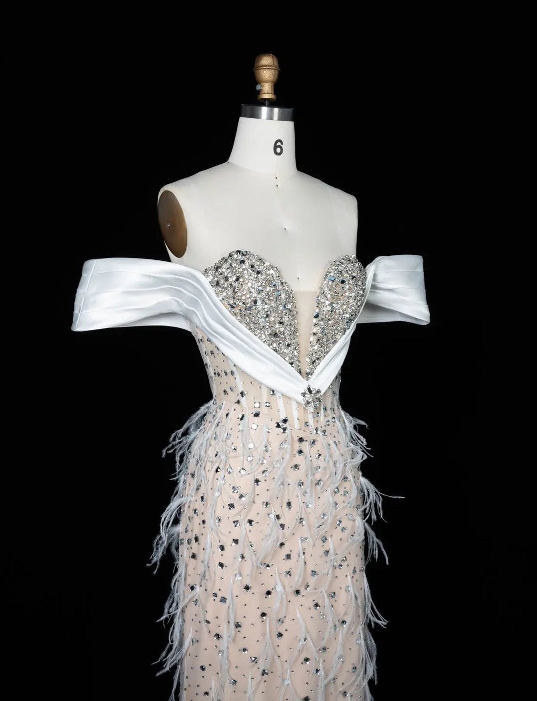 White Nude Off-Shoulder Beaded Feather-Trim Evening Gown SS640