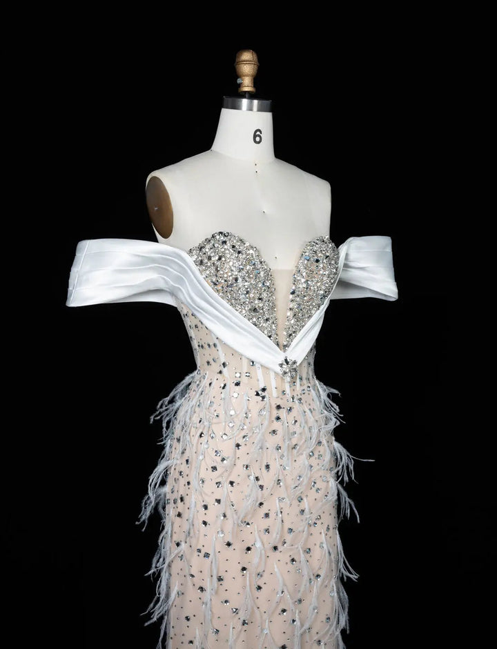White Nude Off-Shoulder Beaded Feather-Trim Evening Gown SS640