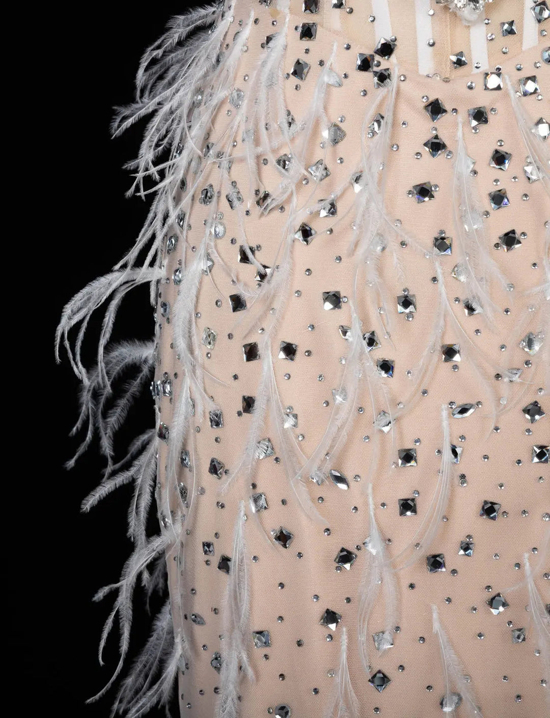 White Nude Off-Shoulder Beaded Feather-Trim Evening Gown SS640