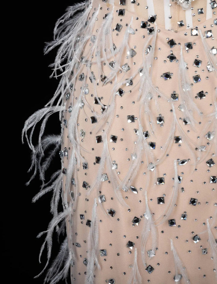 White Nude Off-Shoulder Beaded Feather-Trim Evening Gown SS640