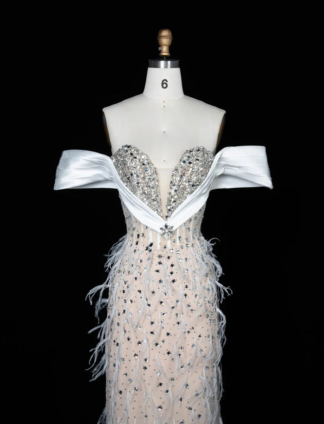 White Nude Off-Shoulder Beaded Feather-Trim Evening Gown SS640