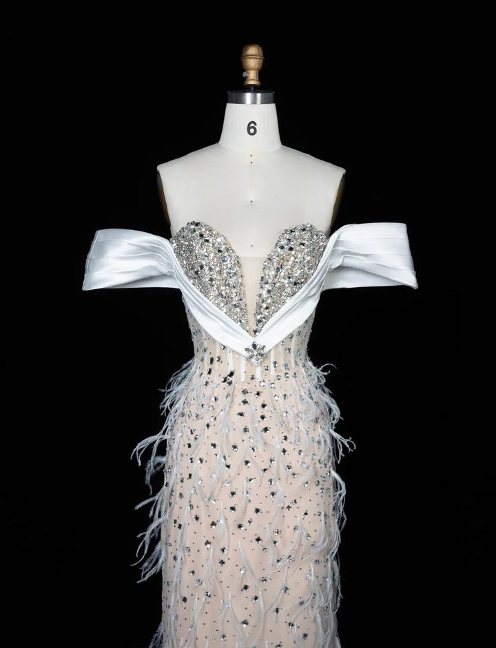 White Nude Off-Shoulder Beaded Feather-Trim Evening Gown SS640