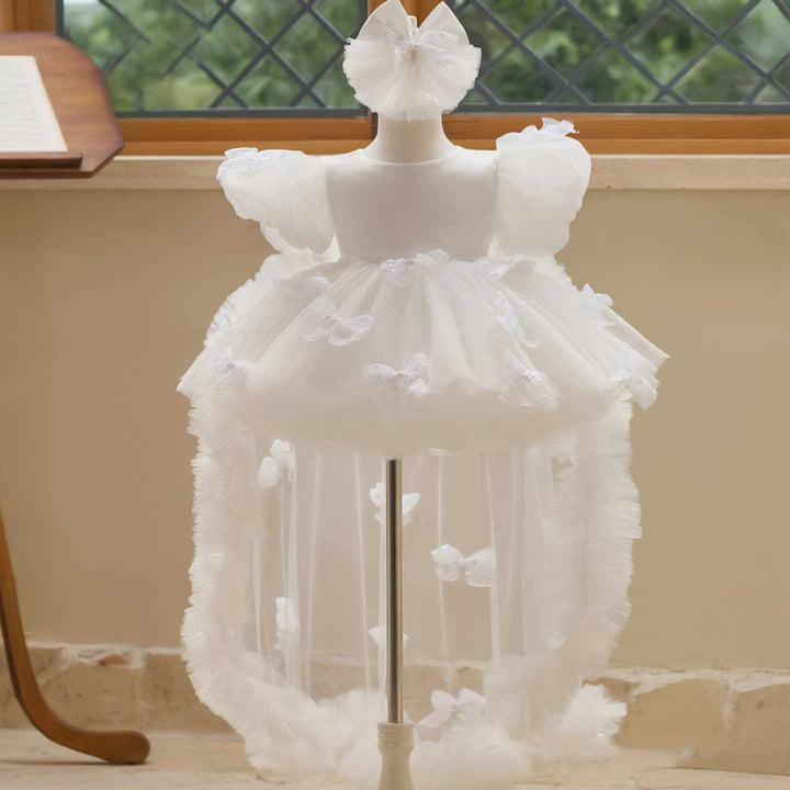 Butterfly Bow Puff Sleeve High-Low Flower Girl Dress with Tulle Train J508