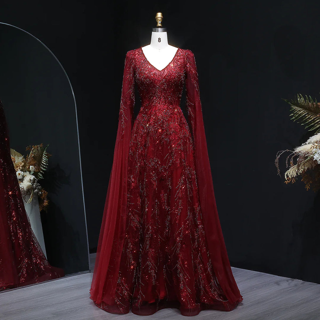 Romantic Wine Red Evening Dress with Crystal Beading Cape Sleeves SS093