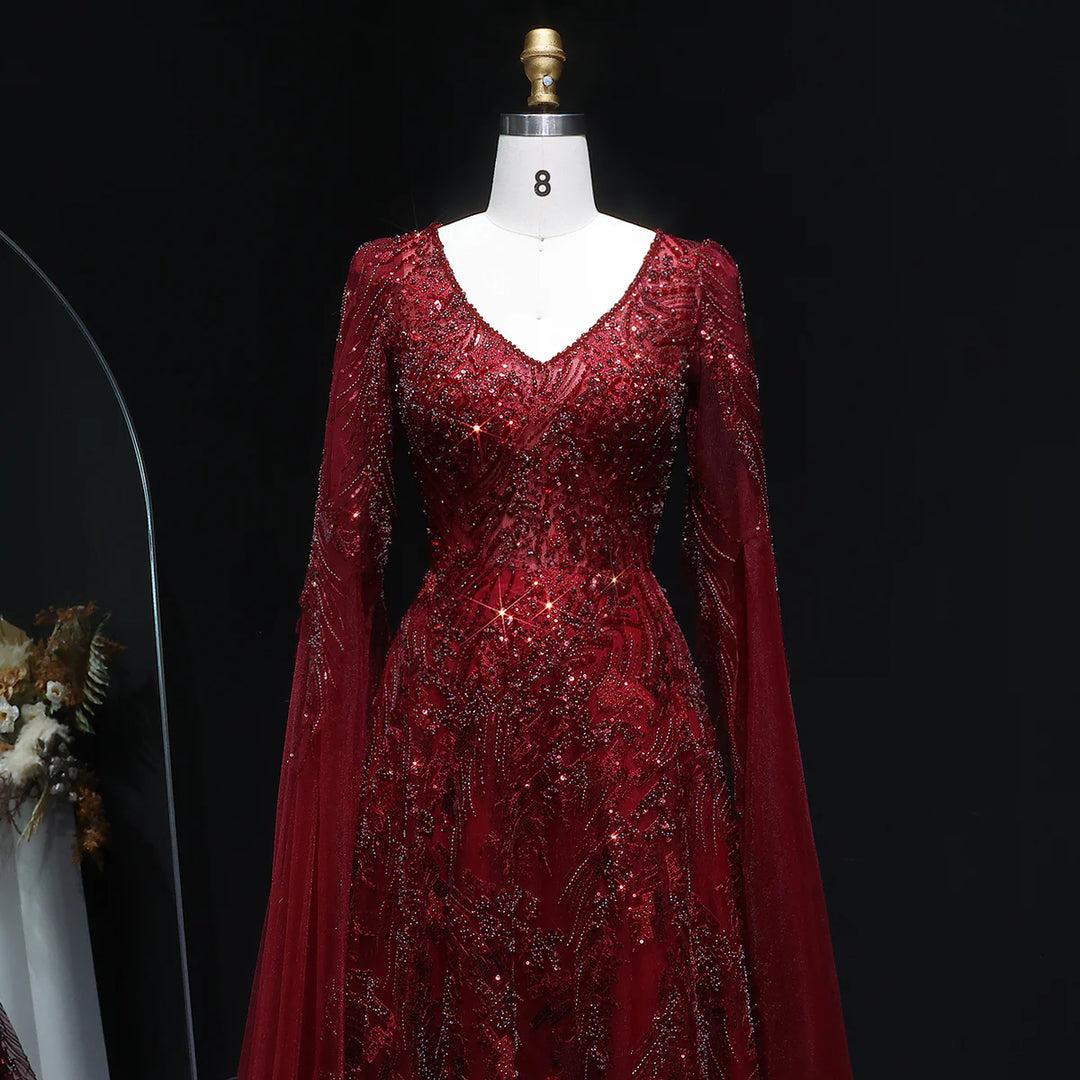 Romantic Wine Red Evening Dress with Crystal Beading Cape Sleeves SS093