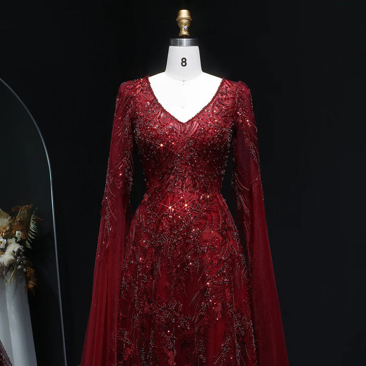 Romantic Wine Red Evening Dress with Crystal Beading Cape Sleeves SS093