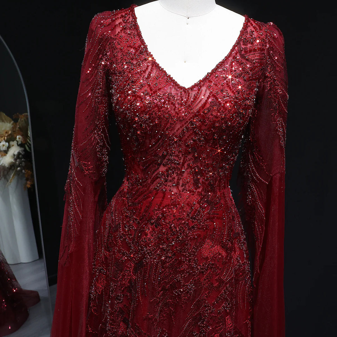 Romantic Wine Red Evening Dress with Crystal Beading Cape Sleeves SS093