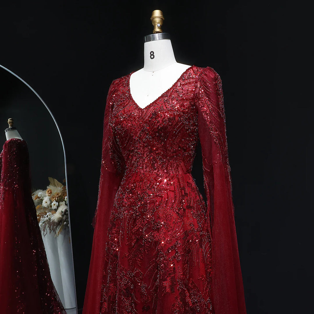 Romantic Wine Red Evening Dress with Crystal Beading Cape Sleeves SS093
