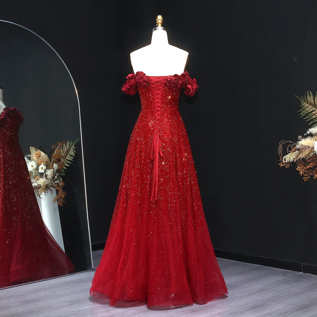 Wine Red Formal Evening Dress with 3D Flowers Beaded Details SS491 Red / 16 Wine Red Formal Evening Dress with 3D Flowers Beaded Details SS491 Red / 16