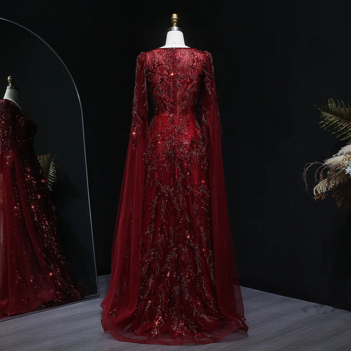 Romantic Wine Red Evening Dress with Crystal Beading Cape Sleeves SS093