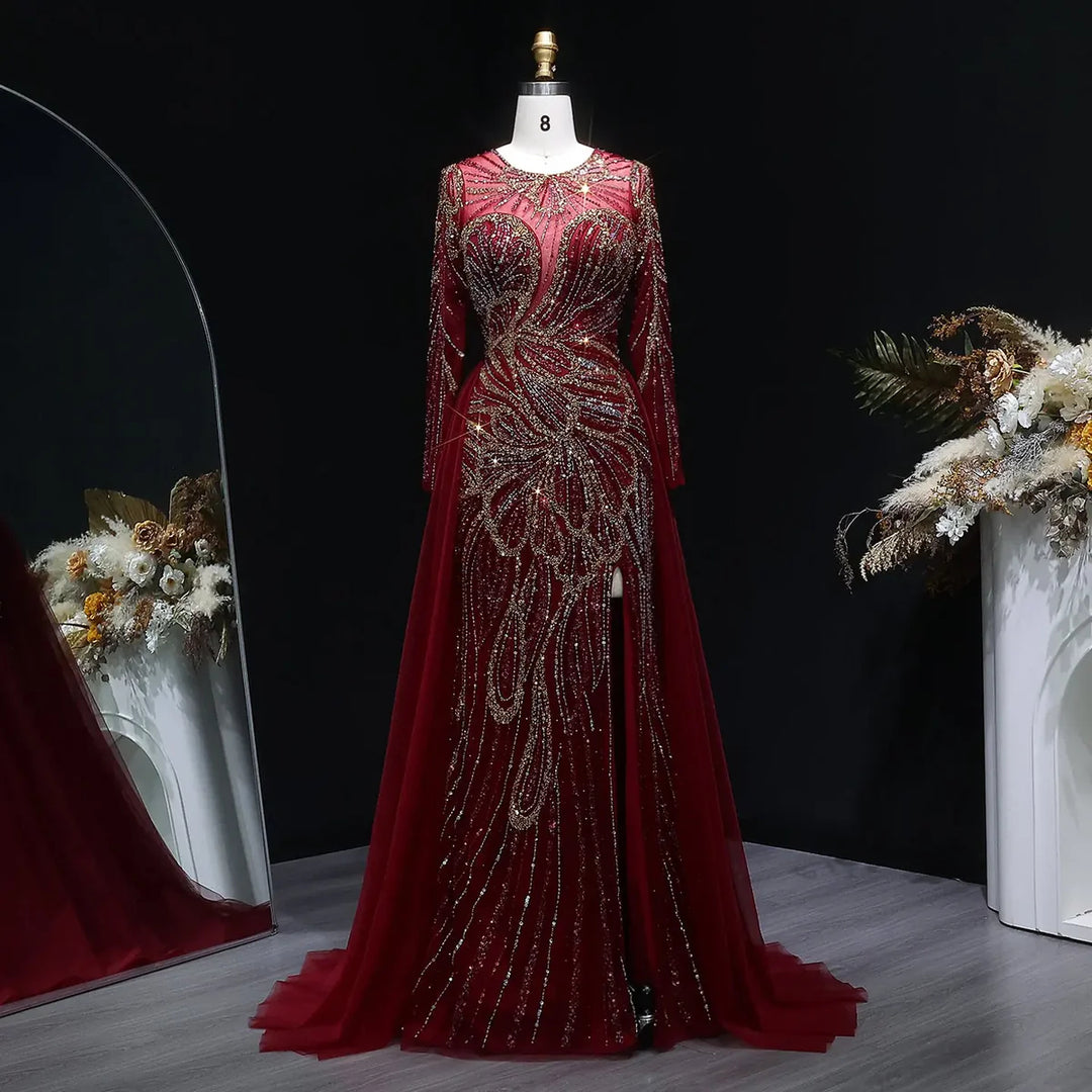 Luxury Wine Red Crystal Embellished Slit Evening Dress with Overskirt SS160