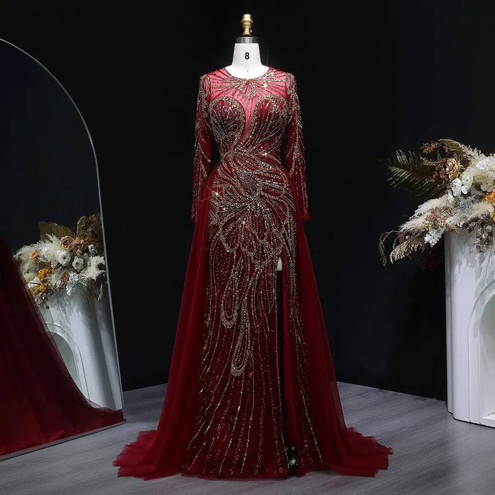 Luxury Wine Red Crystal Embellished Slit Evening Dress with Overskirt SS160