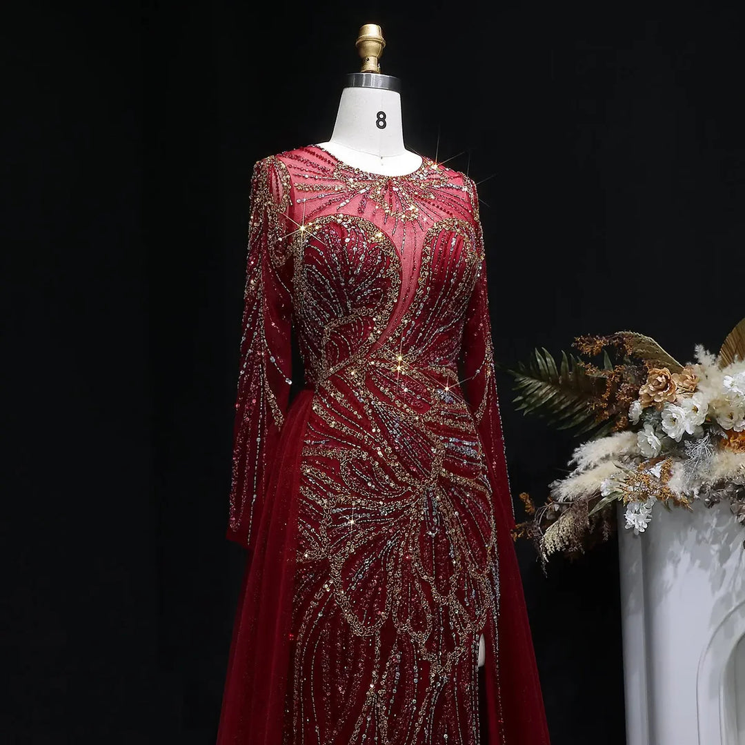 Luxury Wine Red Crystal Embellished Slit Evening Dress with Overskirt SS160