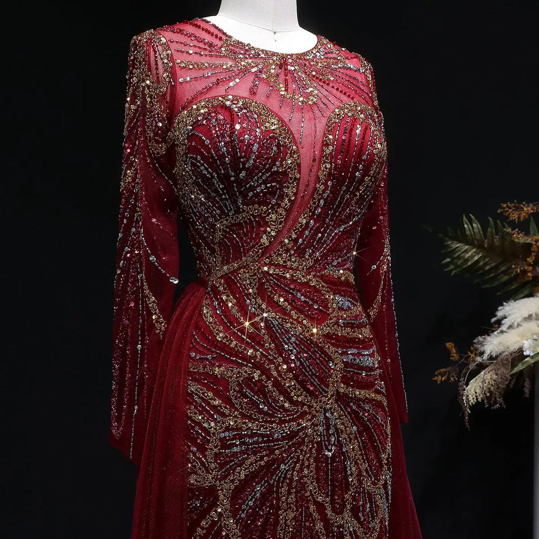 Luxury Wine Red Crystal Embellished Slit Evening Dress with Overskirt SS160