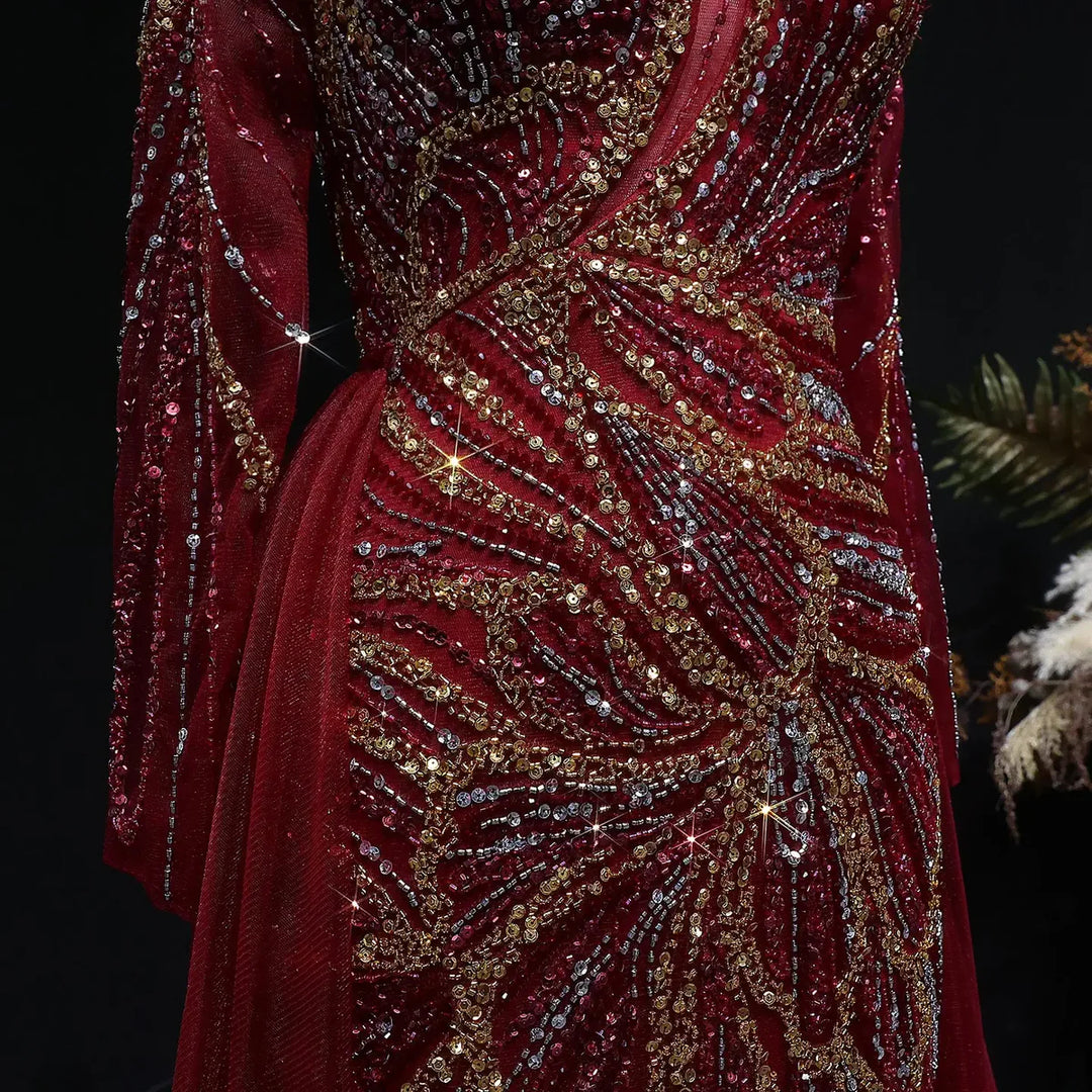 Luxury Wine Red Crystal Embellished Slit Evening Dress with Overskirt SS160