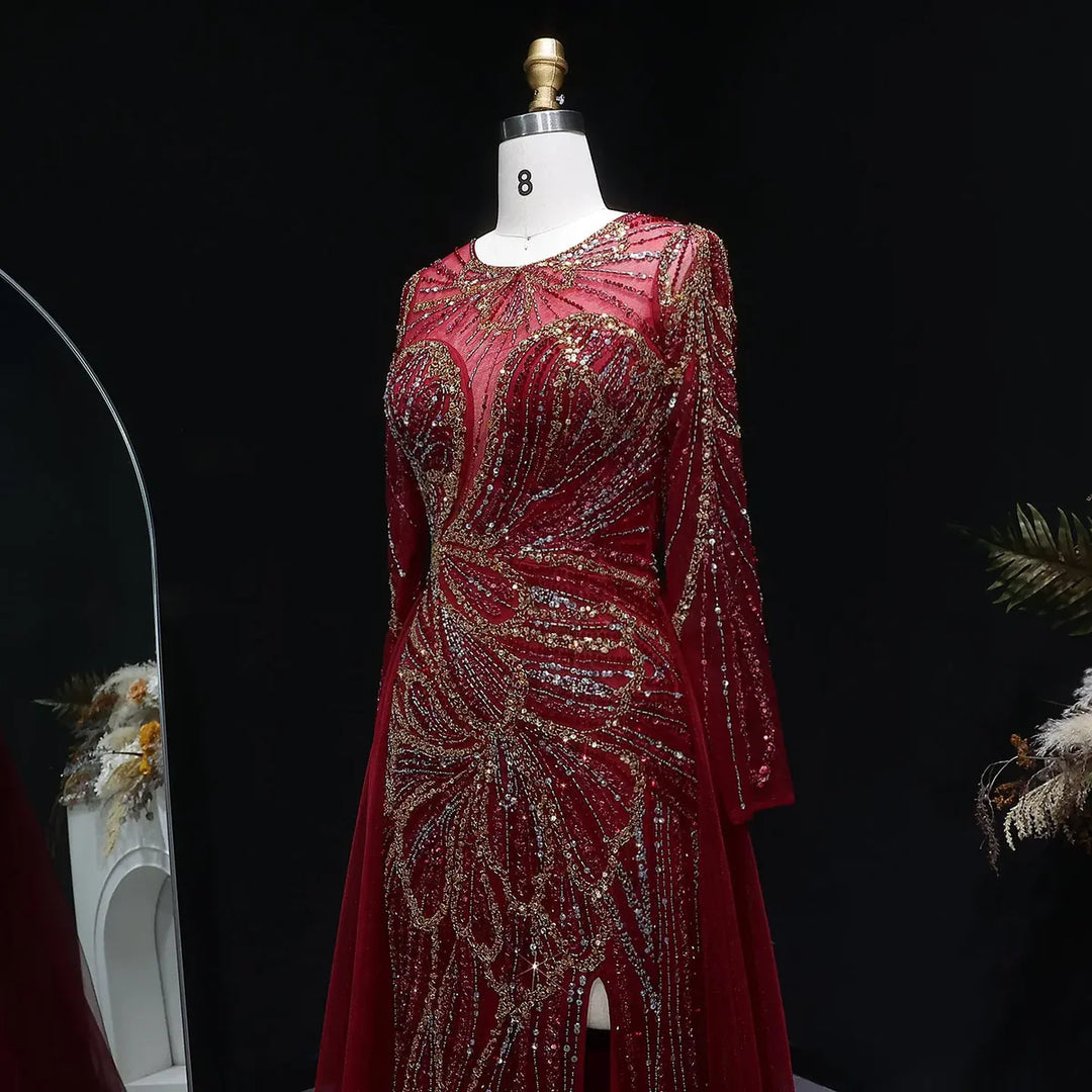 Luxury Wine Red Crystal Embellished Slit Evening Dress with Overskirt SS160